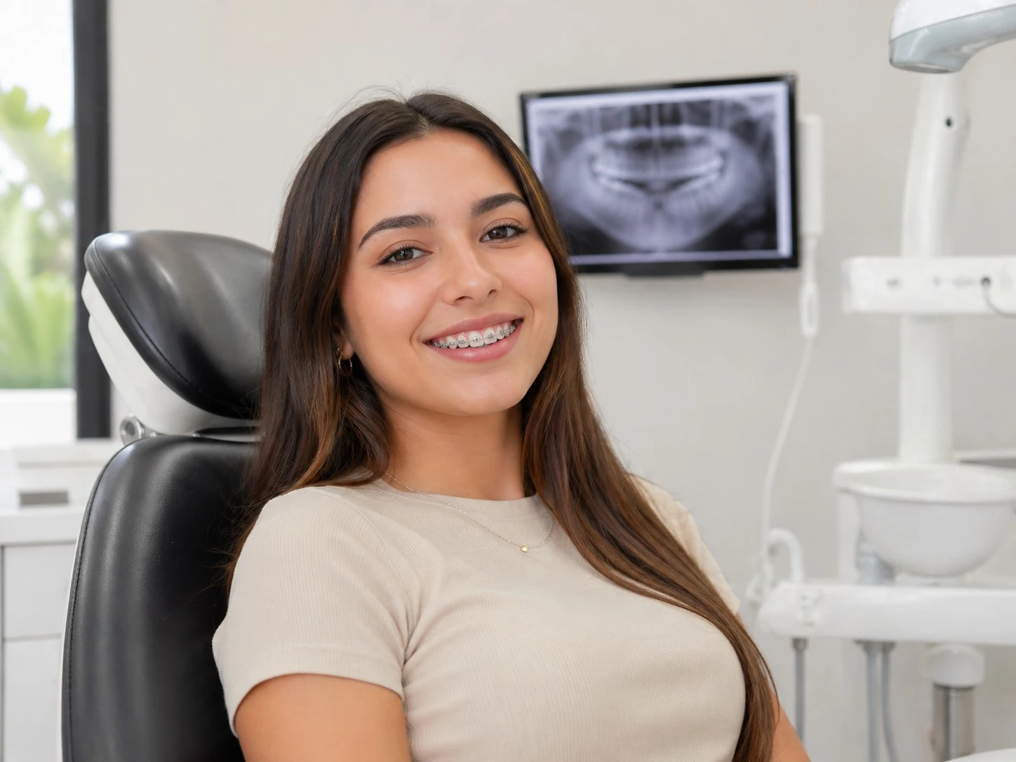 Paciente sonriendo con brackets durante tratamiento de ortodoncia en Smile Center Mérida