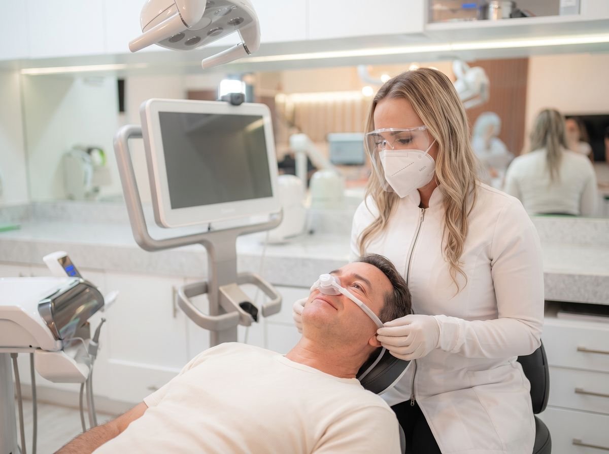 Paciente relajado con mascarilla nasal de sedación con óxido nitroso en Smile Center Mérida